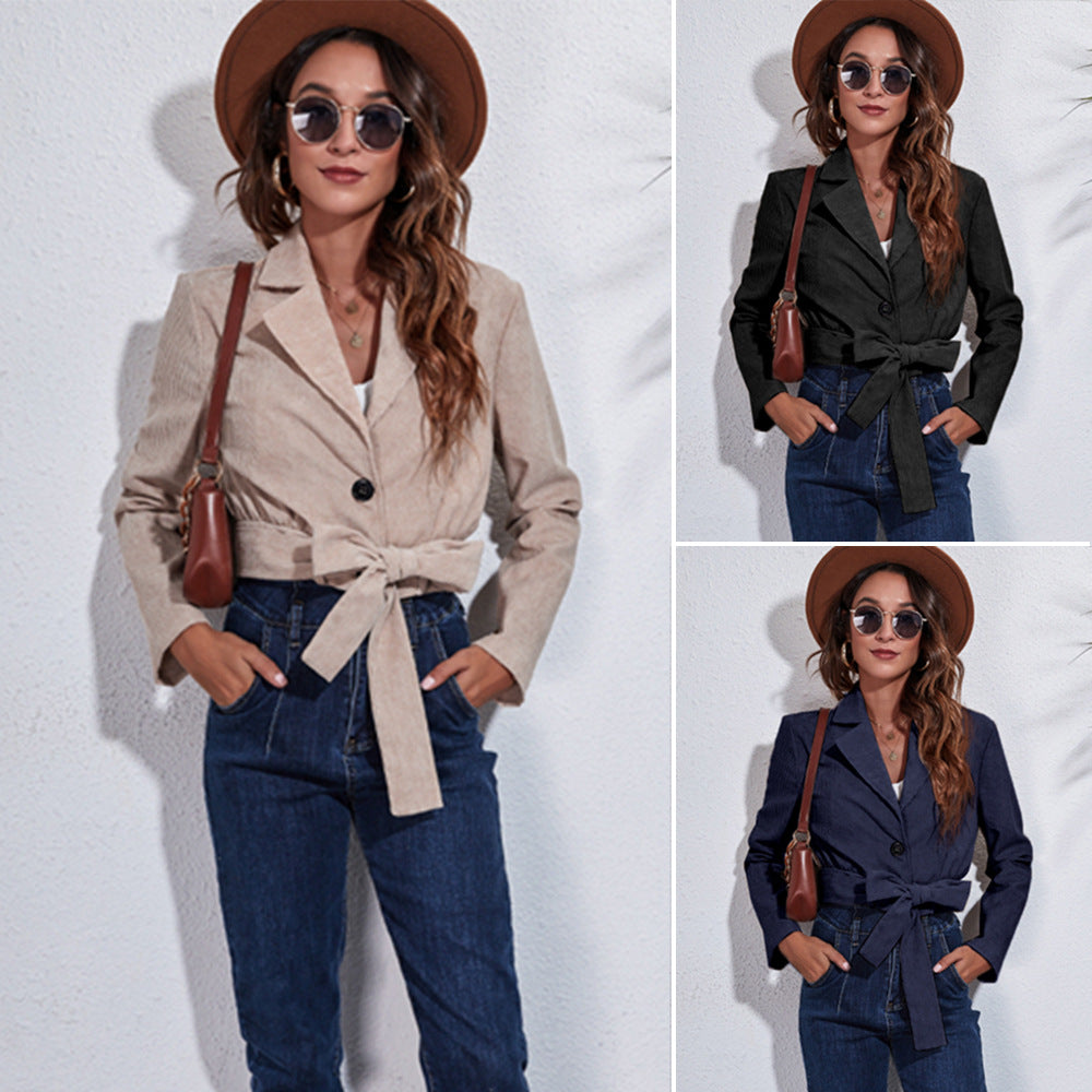 Short Corduroy Jacket Long-sleeved Women With Belt