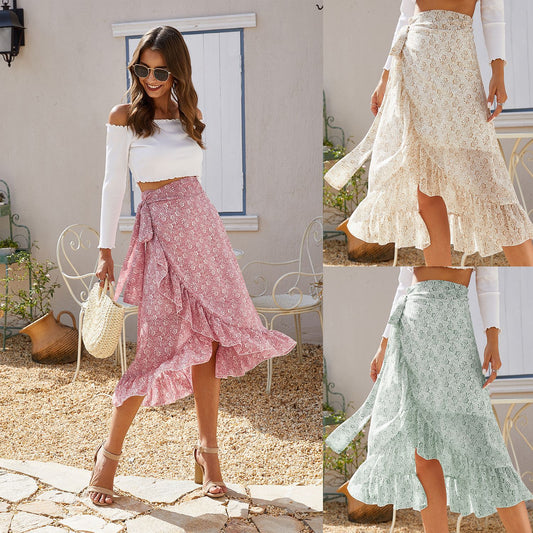 High Waist Over Knee Floral Ruffle Chiffon A-Line Split Skirt