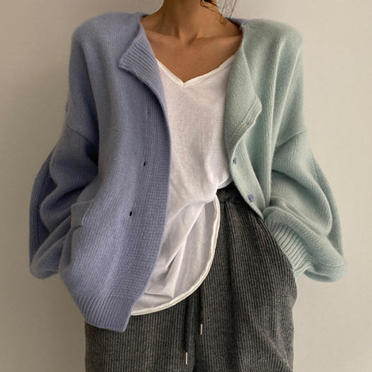 Round Neck Color Matching Loose Long-Sleeved Knitted Cardigan Sweater Coat Women