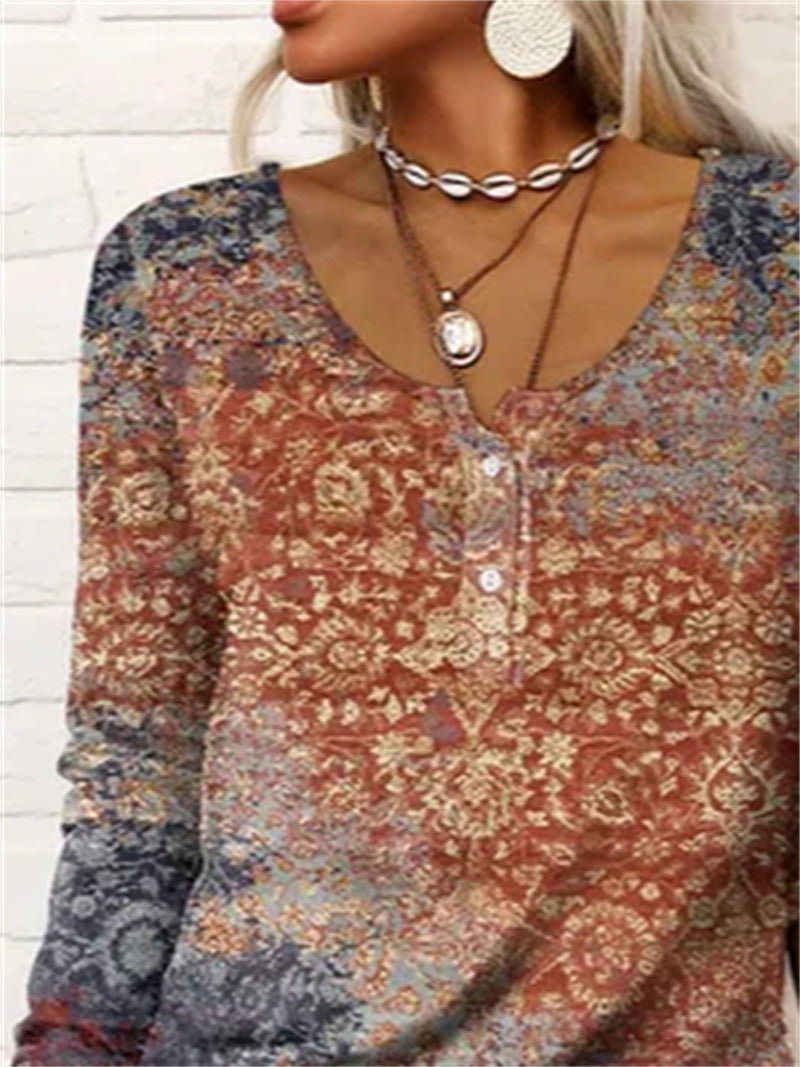 Casual Long-sleeved Geometric Floral U-neck Button T-shirt