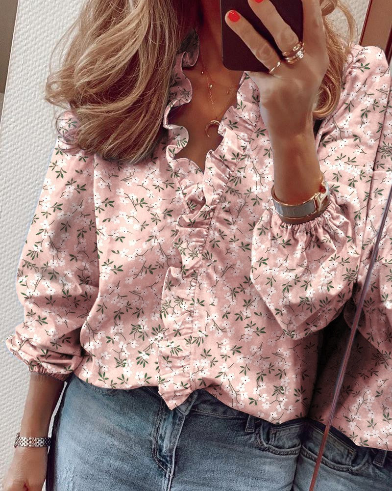 Ruffled Sleeveless Slim Print Shirt Women