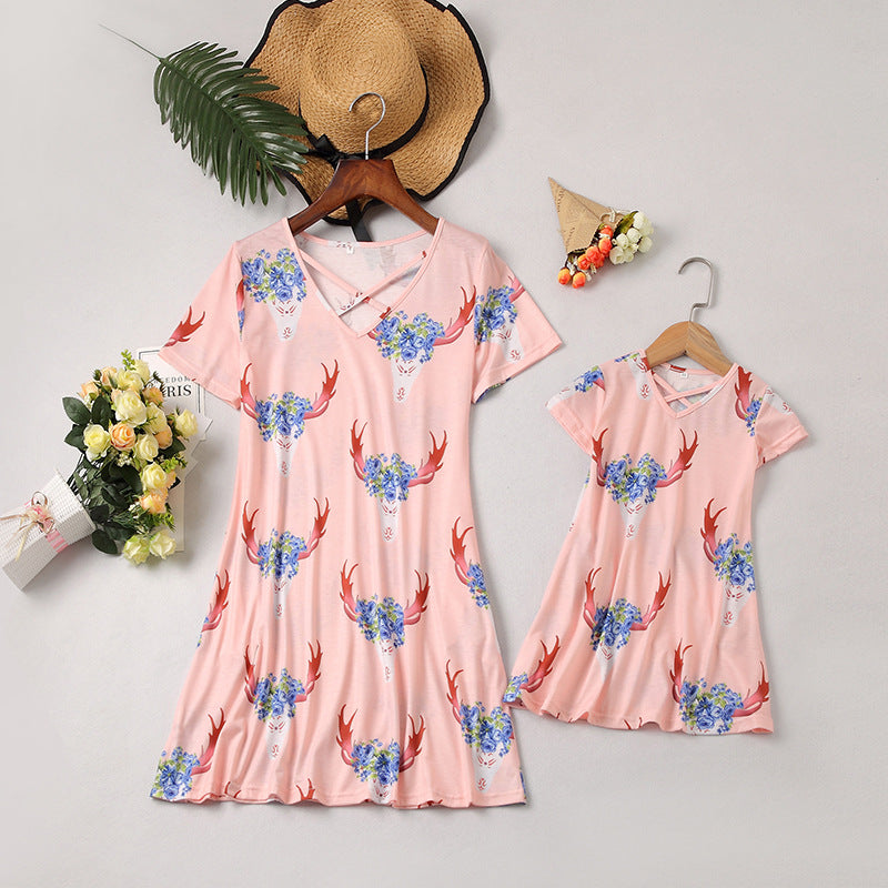 Spring And Summer Pastoral Parent-child Short Sleeve Dress Mother-daughter Matching Outfit
