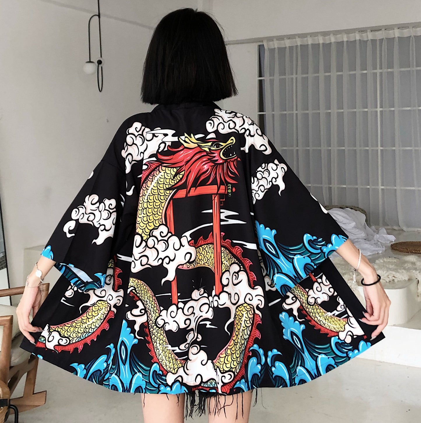 Yukatax Haori Anime Dragon Print Japanese Kimono Cardigan