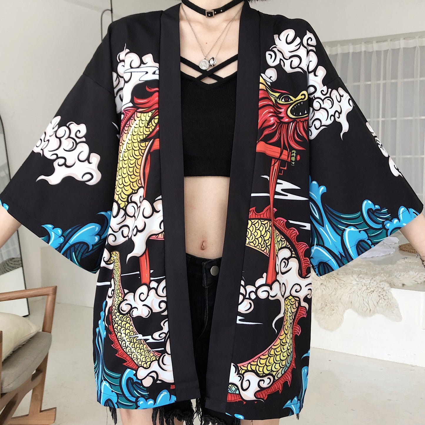 Yukatax Haori Anime Dragon Print Japanese Kimono Cardigan