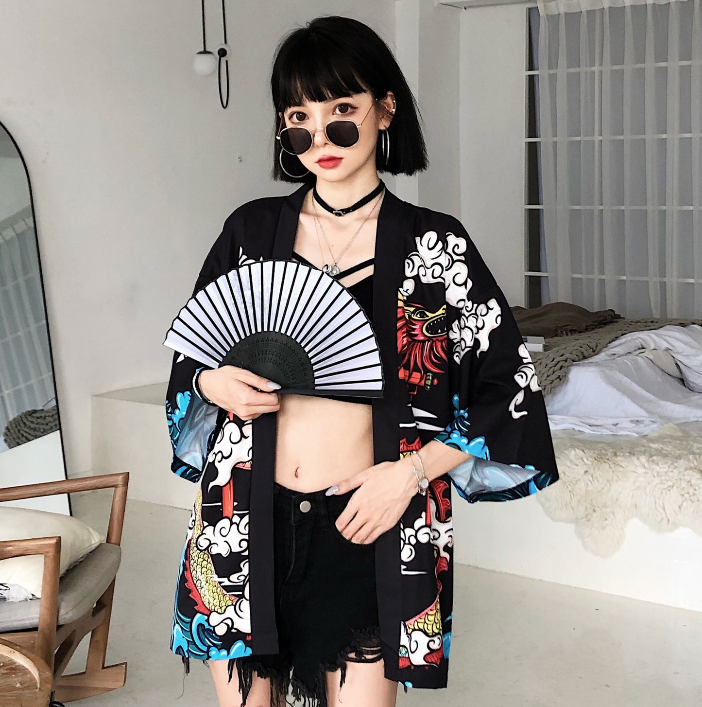 Yukatax Haori Anime Dragon Print Japanese Kimono Cardigan