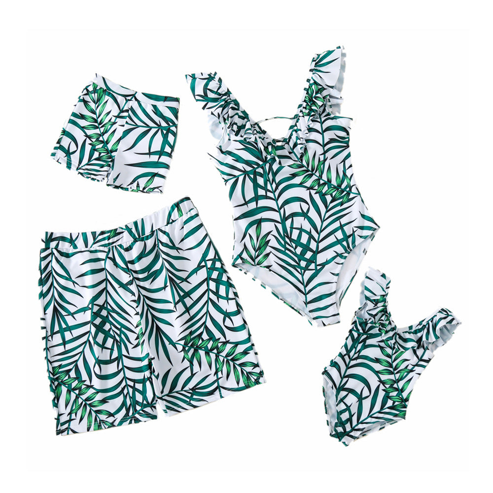 Green V-neck Swimsuit For Mother And Daughter