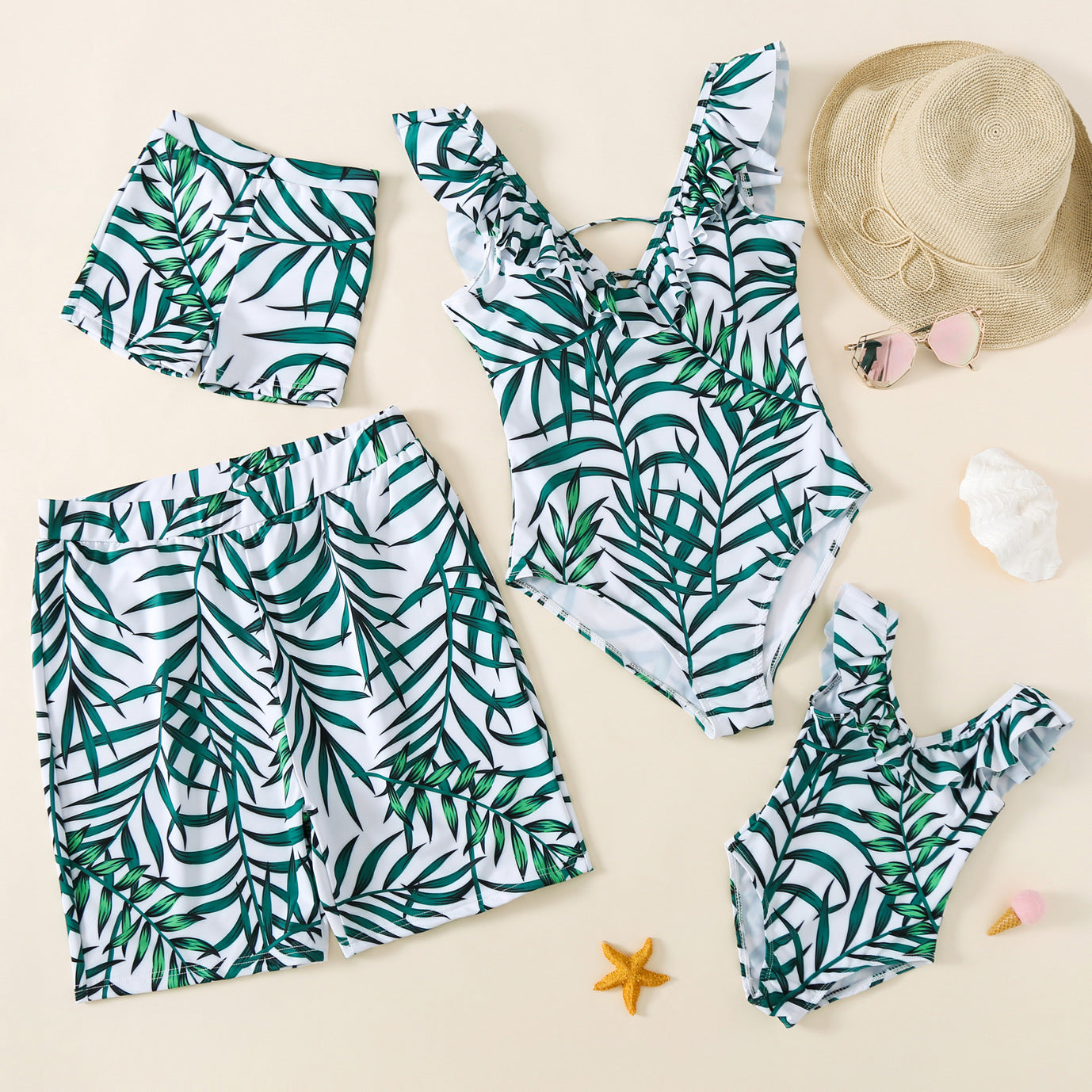 Green V-neck Swimsuit For Mother And Daughter