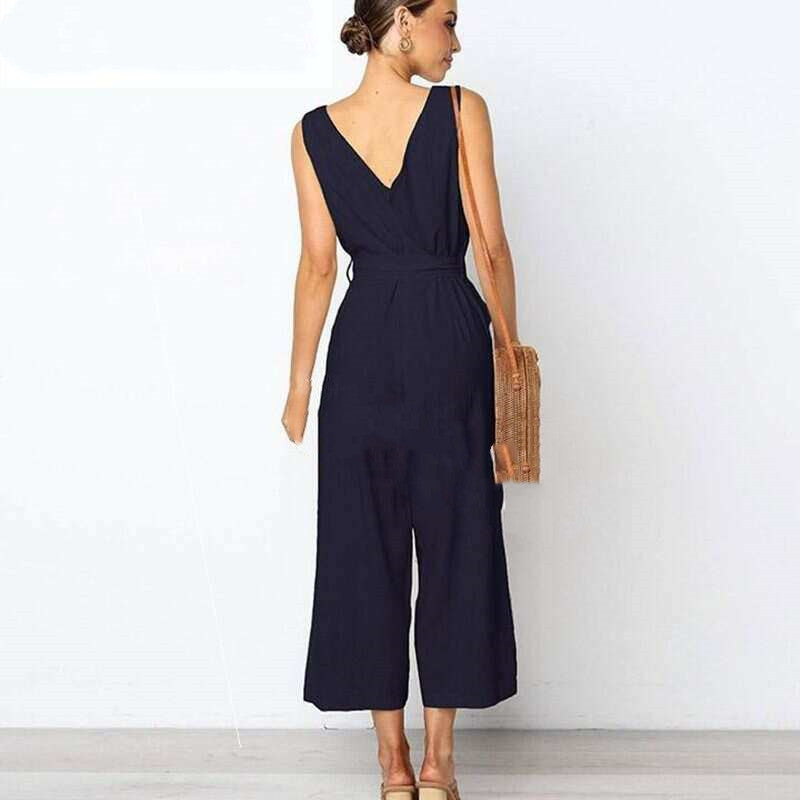 V Neck Belt Wide Legged Jumpsuits