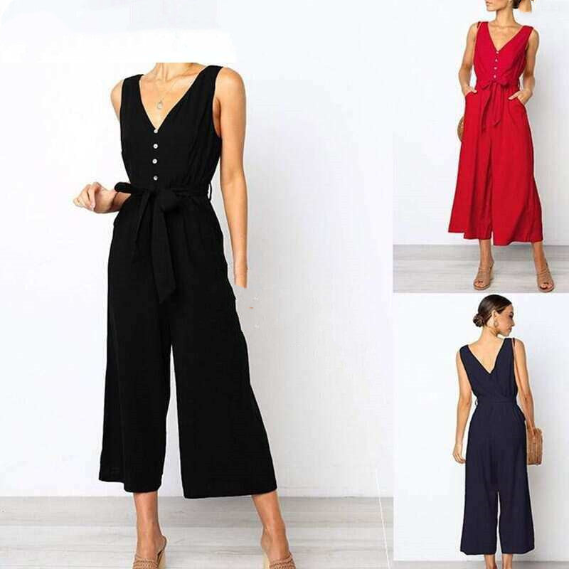 V Neck Belt Wide Legged Jumpsuits