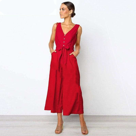 V Neck Belt Wide Legged Jumpsuits