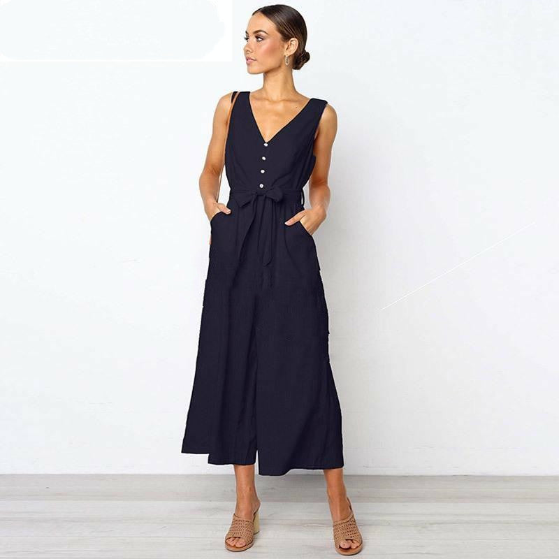 V Neck Belt Wide Legged Jumpsuits