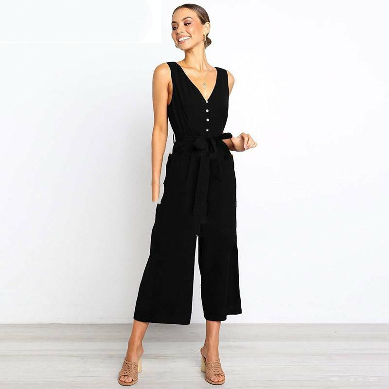 V Neck Belt Wide Legged Jumpsuits