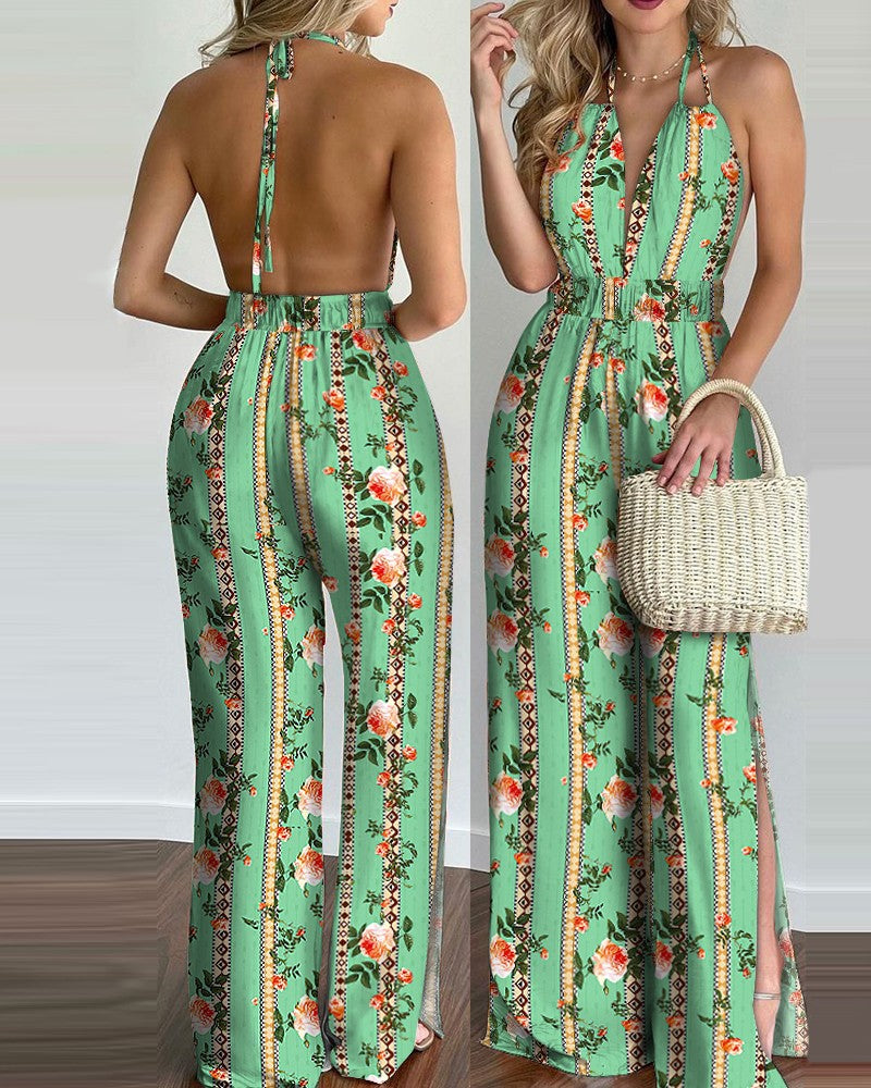 New Style Printed Halterneck Sexy Split Jumpsuit Women