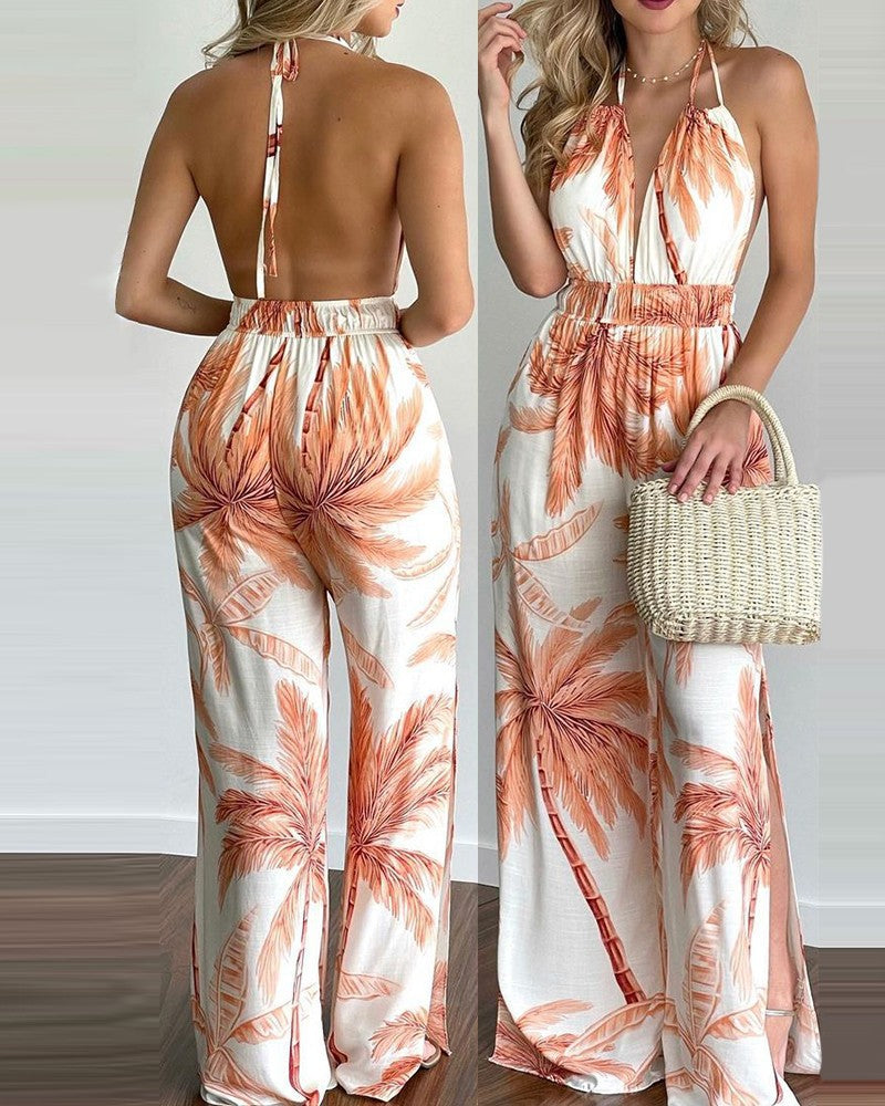 New Style Printed Halterneck Sexy Split Jumpsuit Women