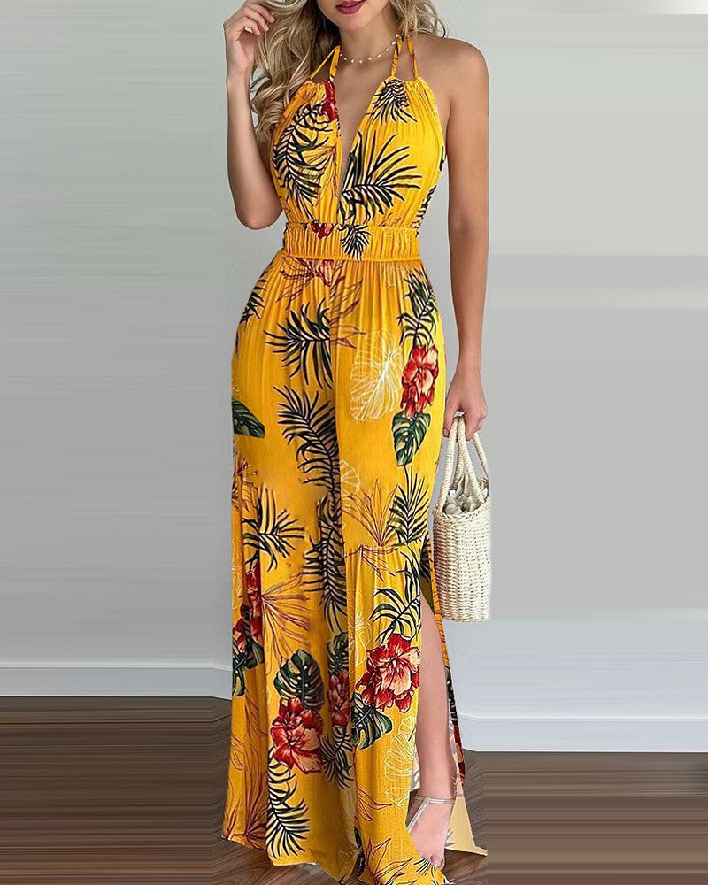 New Style Printed Halterneck Sexy Split Jumpsuit Women