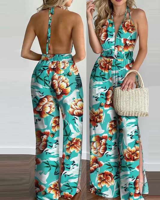 New Style Printed Halterneck Sexy Split Jumpsuit Women
