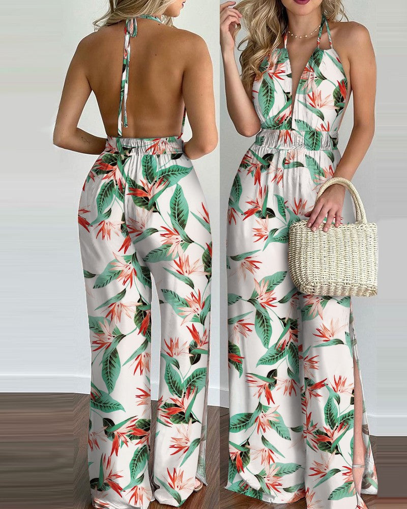 New Style Printed Halterneck Sexy Split Jumpsuit Women