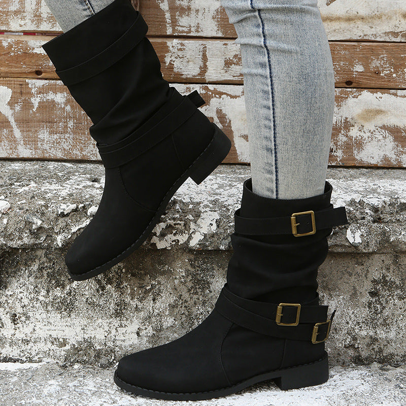 Low Heel Vintage Adjustable Buckle Boots Women WesternShoes