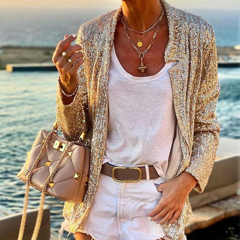 Women's Sequined Long-sleeved Slim Fit Blazer Cardigan