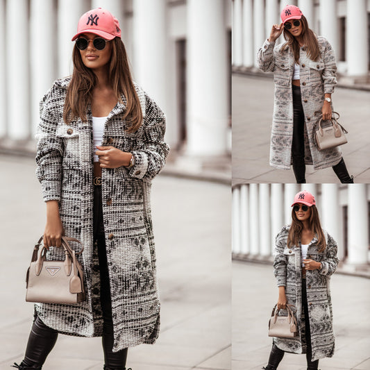 Long-sleeved  Button Printed Woolen Coat Women
