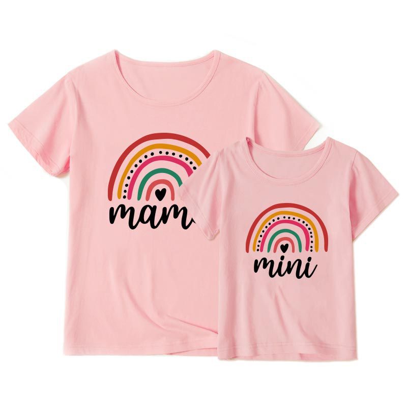 Rainbow Print T-shirt Mother And Daughter Mom Cotton Short Sleeve Top Summer INS Family Wear
