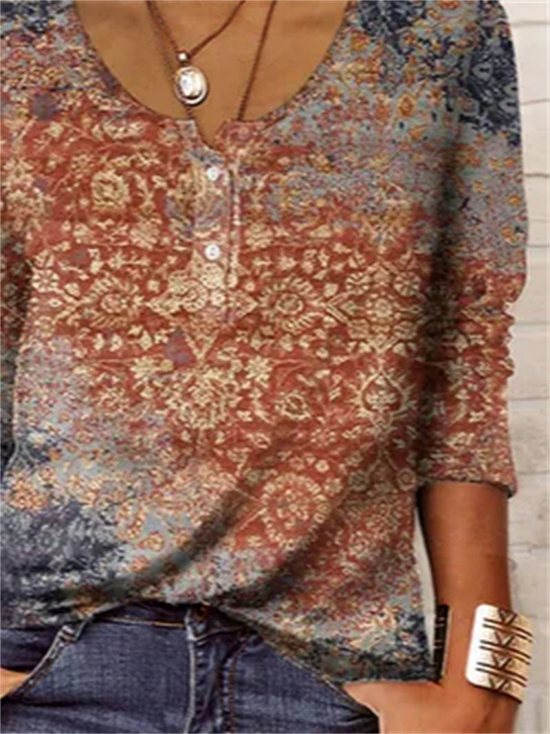 Casual Long-sleeved Geometric Floral U-neck Button T-shirt