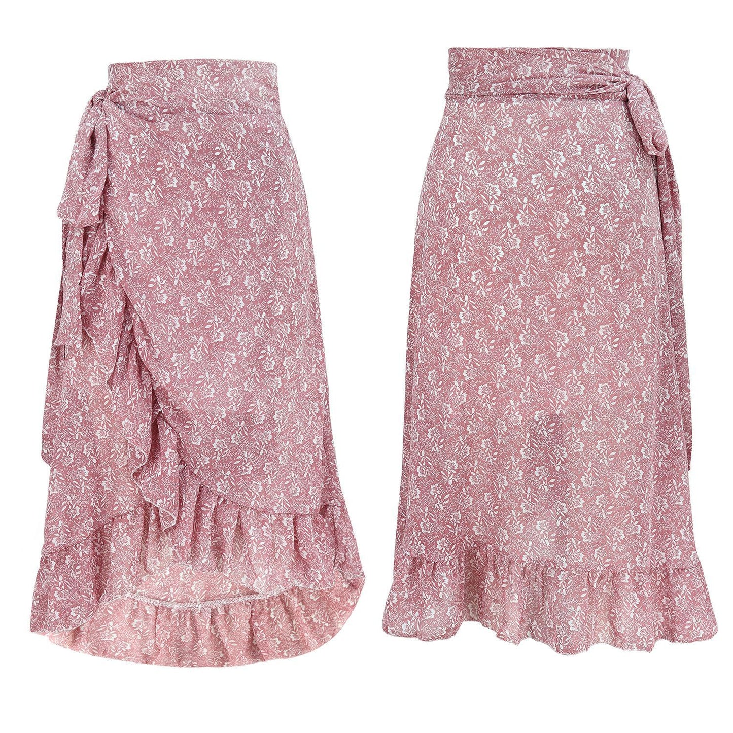 High Waist Over Knee Floral Ruffle Chiffon A-Line Split Skirt