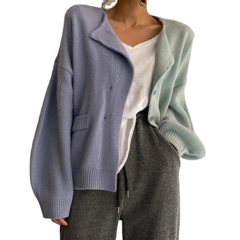 Round Neck Color Matching Loose Long-Sleeved Knitted Cardigan Sweater Coat Women