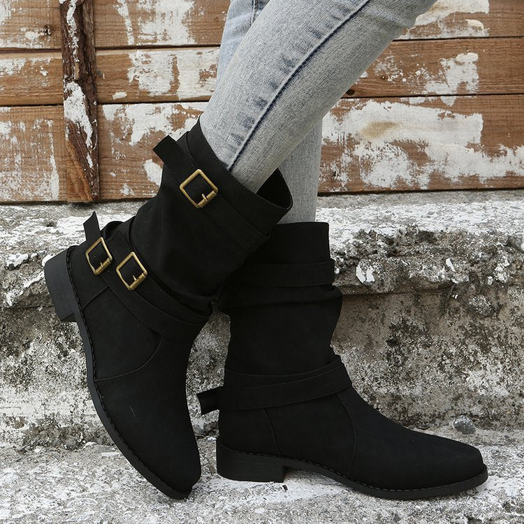 Low Heel Vintage Adjustable Buckle Boots Women WesternShoes