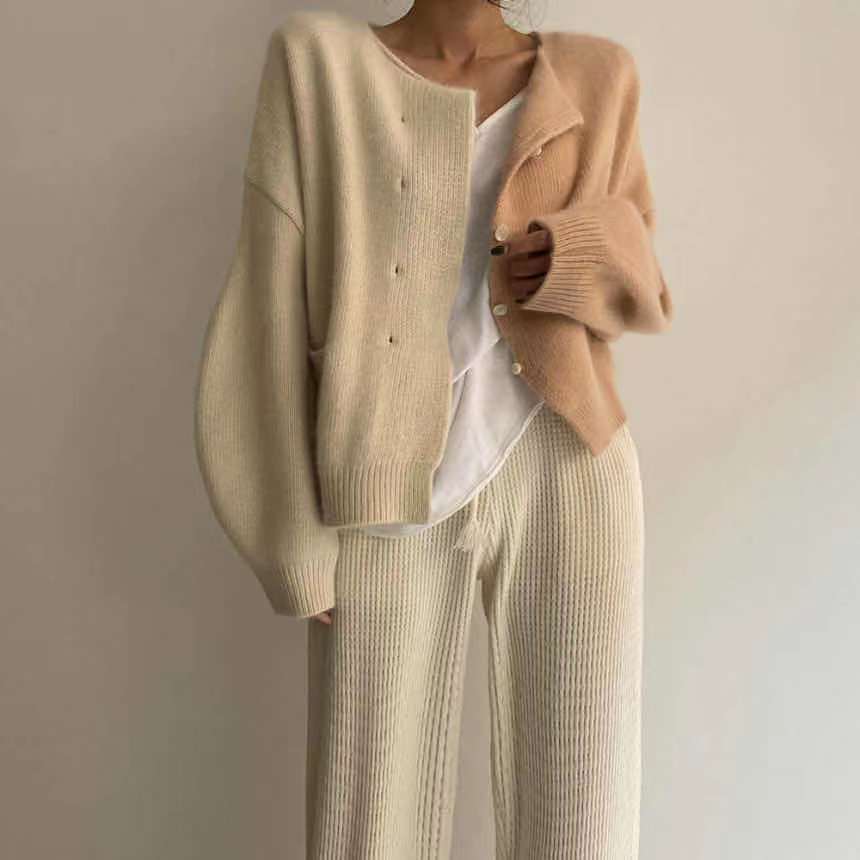 Round Neck Color Matching Loose Long-Sleeved Knitted Cardigan Sweater Coat Women