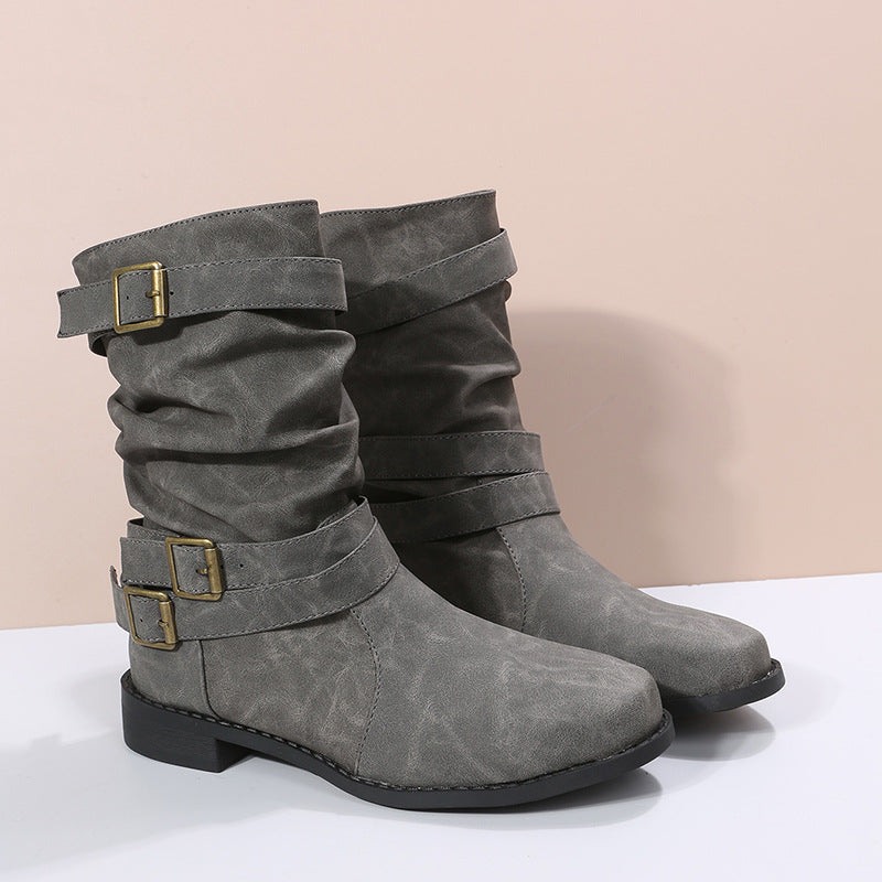 Low Heel Vintage Adjustable Buckle Boots Women WesternShoes