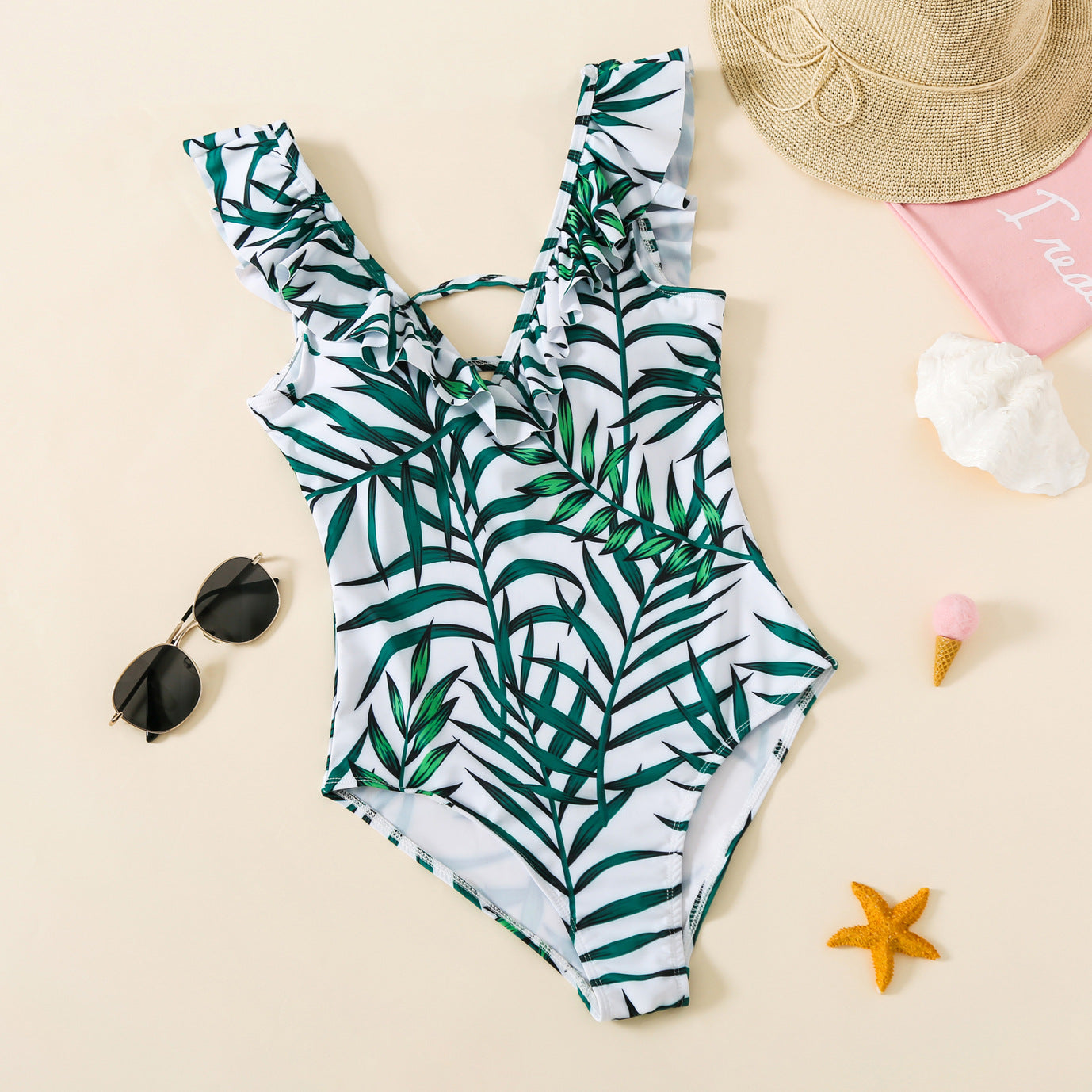 Green V-neck Swimsuit For Mother And Daughter