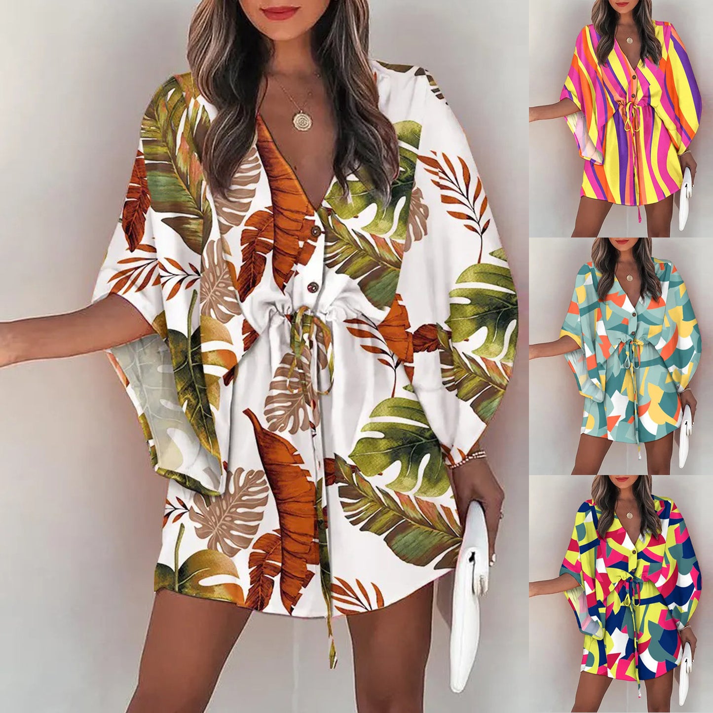 Flying Sleeves A- Line Dress V-neck Lace-up Casual Dress