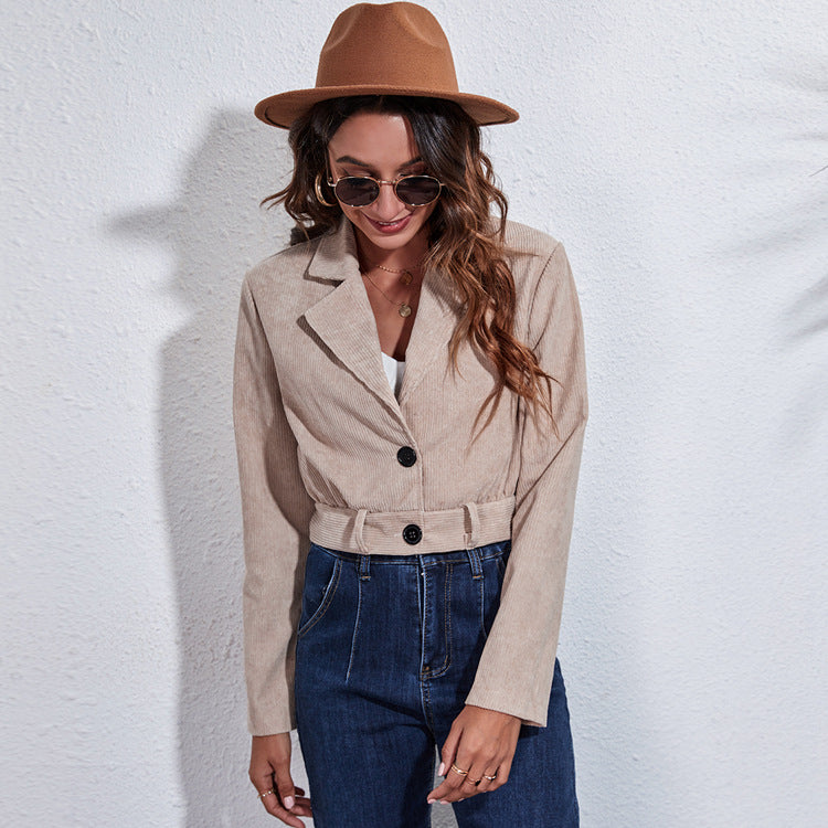 Short Corduroy Jacket Long-sleeved Women With Belt