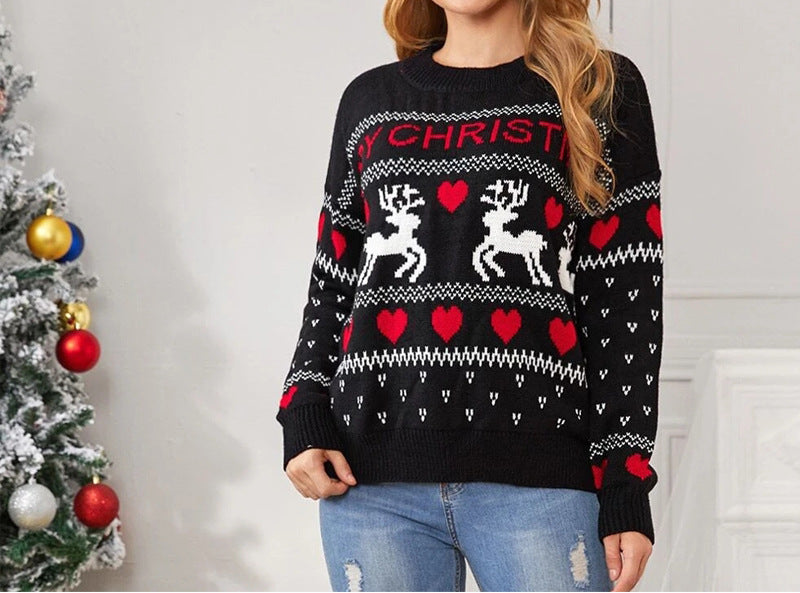 Cute Elk Heart Print Sweater Women Fashion Pullover Christmas Knitted Sweater Winter Tops