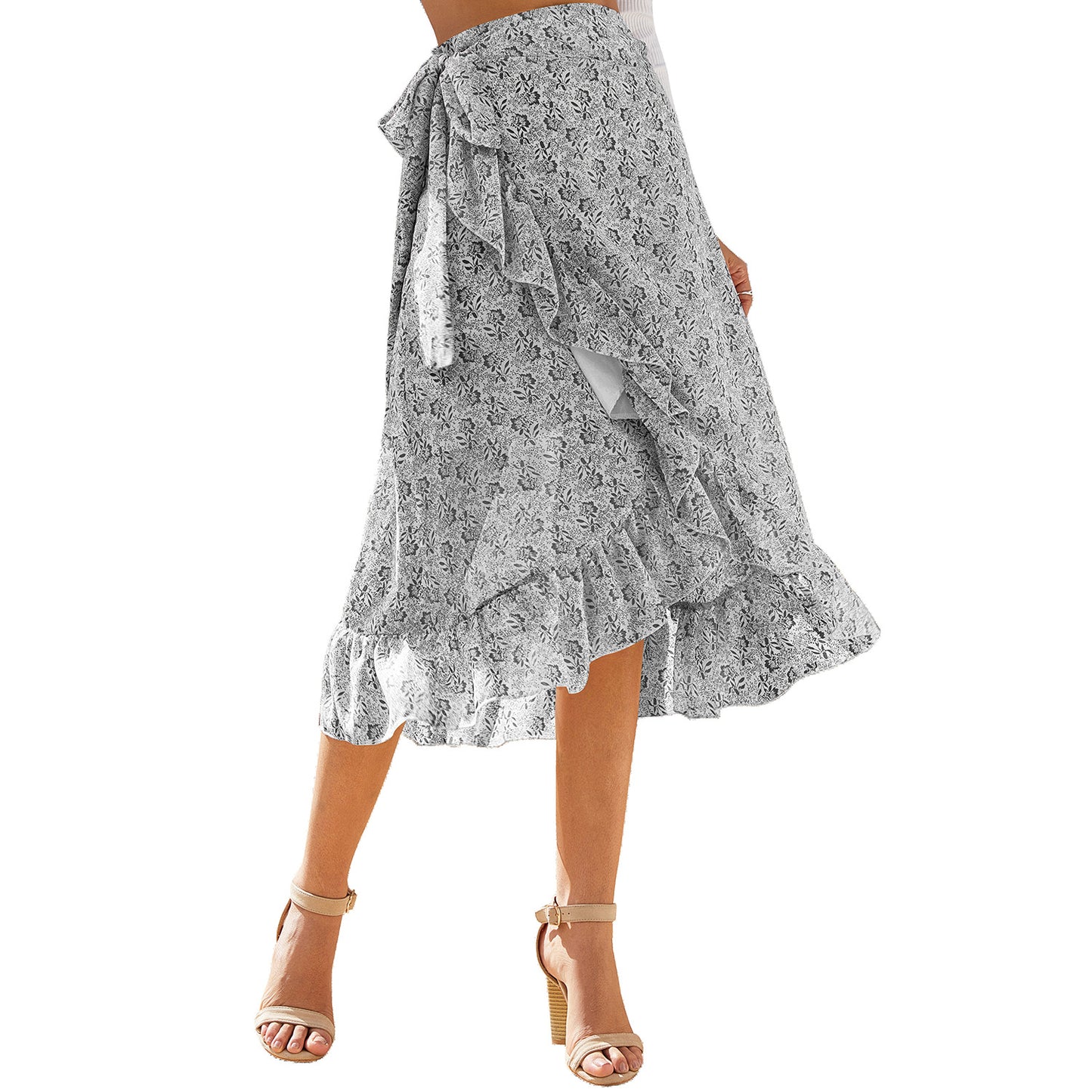 High Waist Over Knee Floral Ruffle Chiffon A-Line Split Skirt