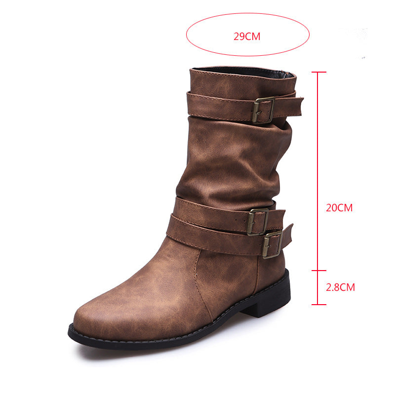 Low Heel Vintage Adjustable Buckle Boots Women WesternShoes