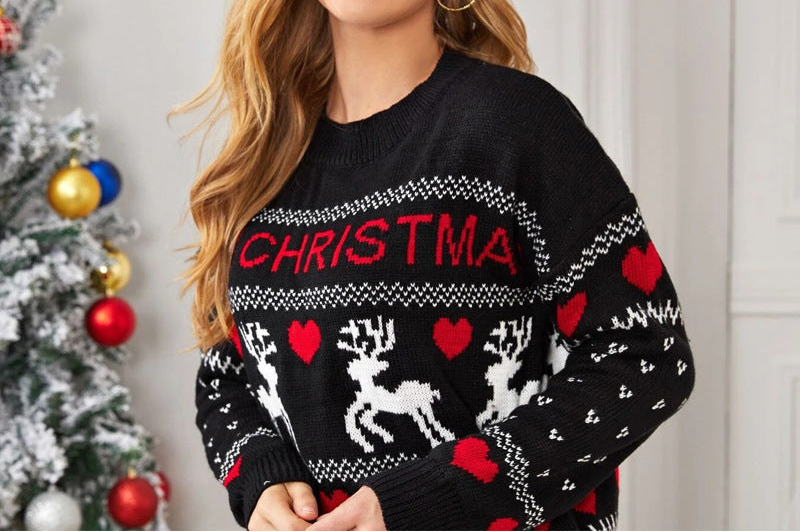 Cute Elk Heart Print Sweater Women Fashion Pullover Christmas Knitted Sweater Winter Tops