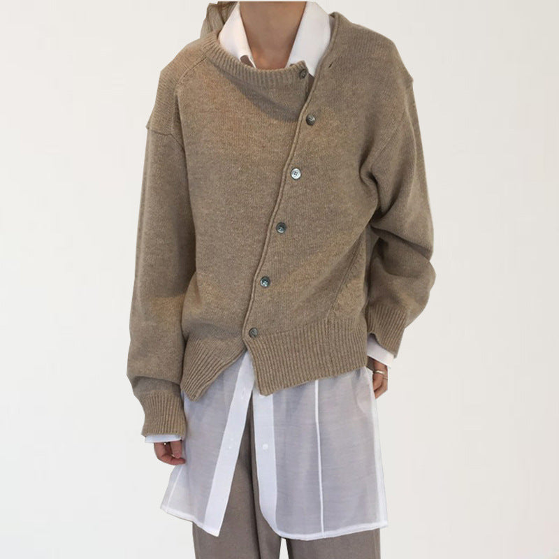 New Style Oblique Buckle Irregular Design Round Neck Knitted sweater