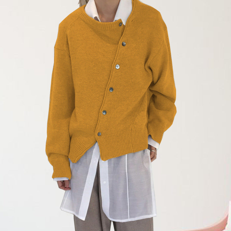 New Style Oblique Buckle Irregular Design Round Neck Knitted sweater