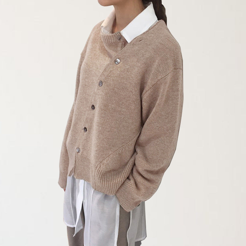 New Style Oblique Buckle Irregular Design Round Neck Knitted sweater
