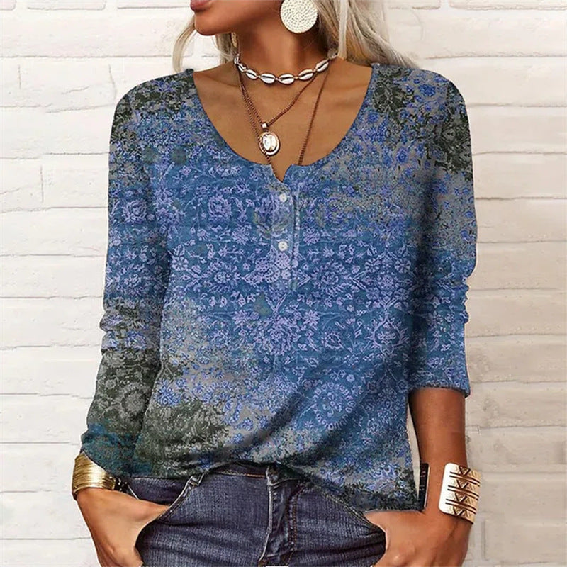 Casual Long-sleeved Geometric Floral U-neck Button T-shirt