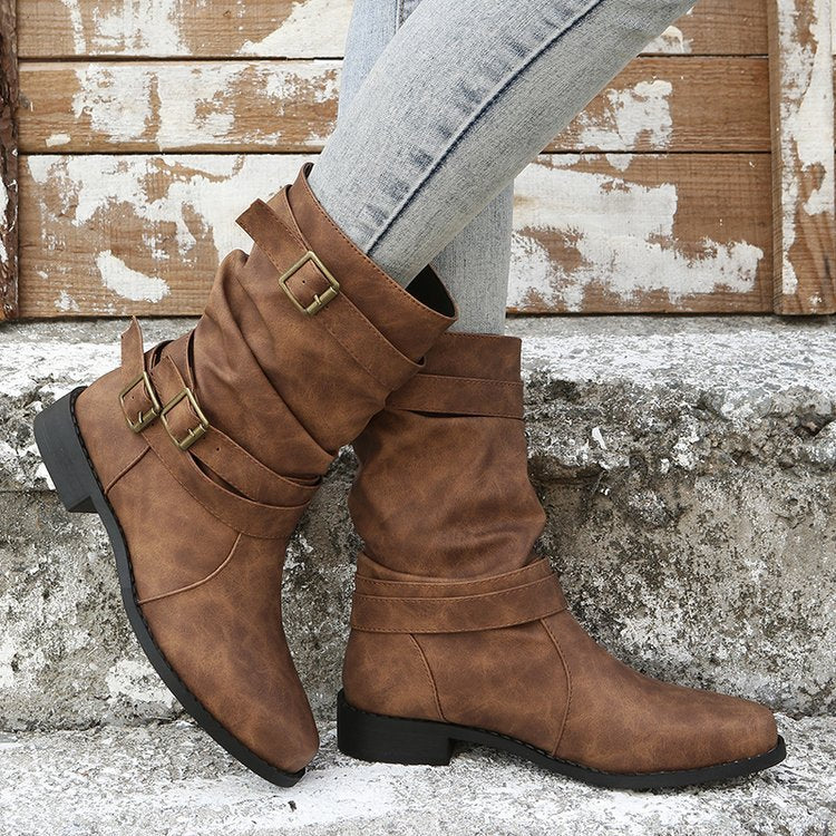 Low Heel Vintage Adjustable Buckle Boots Women WesternShoes