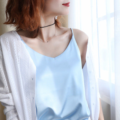 Women Summer Silk Tank Sleeveless Casual Tops V-Neck Female