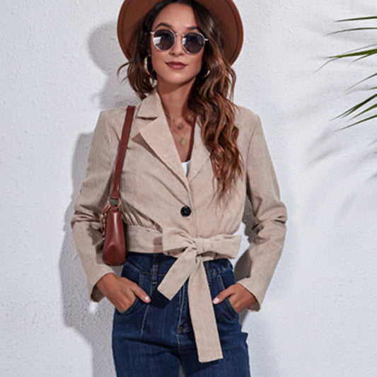 Short Corduroy Jacket Long-sleeved  Women With Belt
