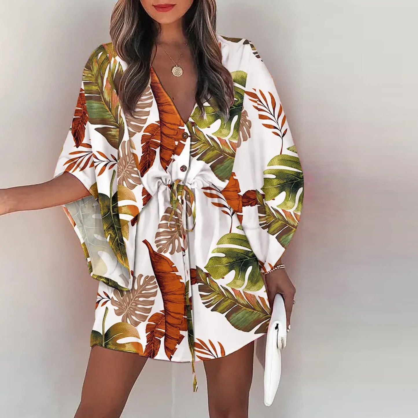 Flying Sleeves A- Line Dress V-neck Lace-up Casual Dress