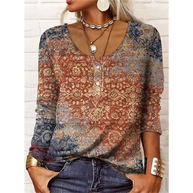 Casual Long-sleeved Geometric Floral U-neck Button T-shirt