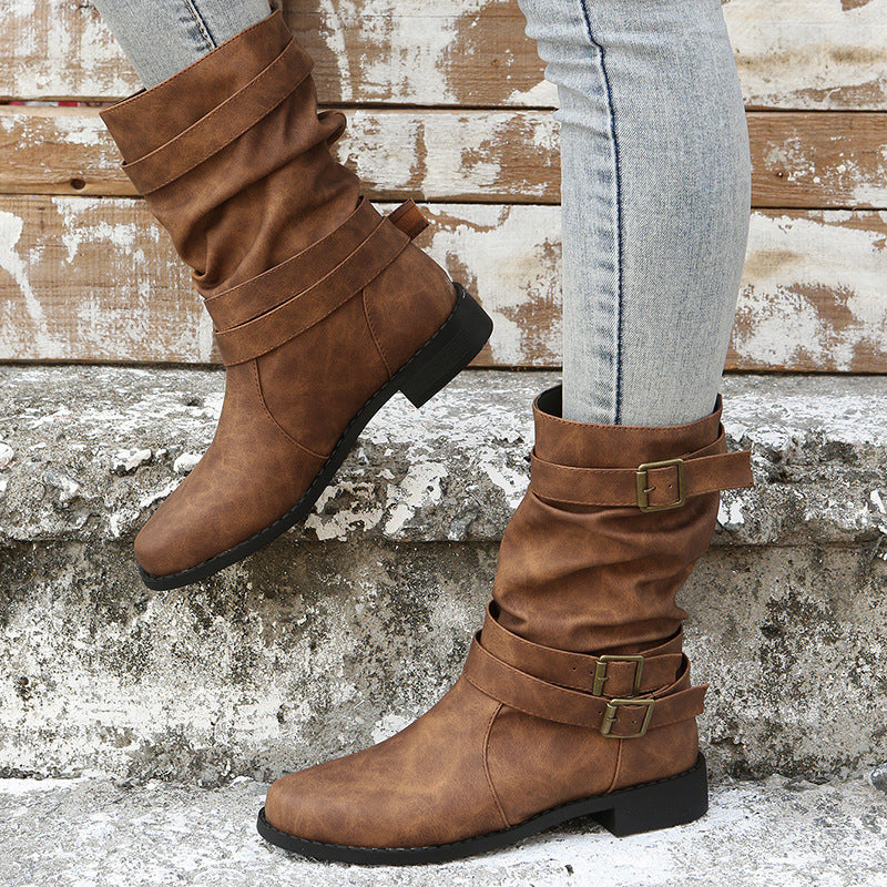 Low Heel Vintage Adjustable Buckle Boots Women WesternShoes