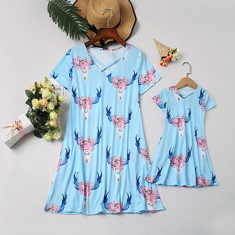 Spring And Summer Pastoral Parent-child Short Sleeve Dress Mother-daughter Matching Outfit