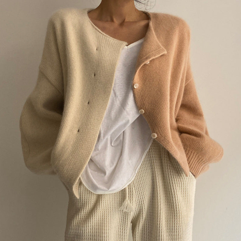 Round Neck Color Matching Loose Long-Sleeved Knitted Cardigan Sweater Coat Women